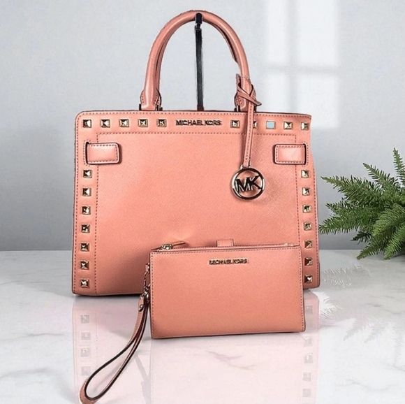 MICHAEL Michael Kors Handbags - MICHAEL KORS CORAL PINK BAG WALLET CROSSBODY SET‎ RAYNE STUDDED SAFFIANO LEATHER